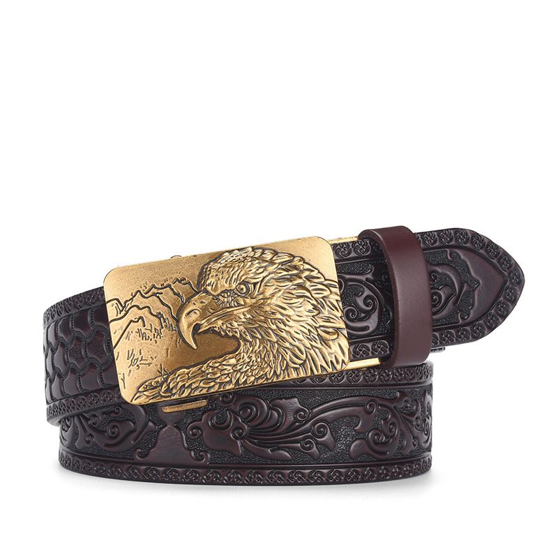 Cintura da uomo con fibbia automatica con testa d'aquila dominante, cintura casual in pelle di mucca personalizzata intagliata_voghion.com
