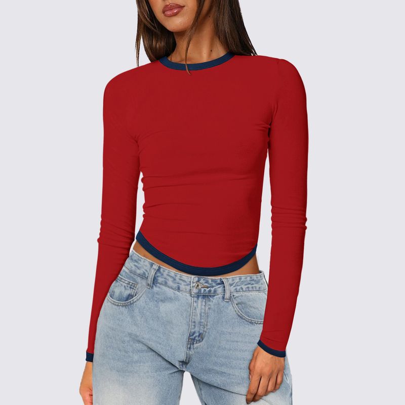 Blusa feminina primavera verão 2025, manga comprida, gola redonda, slim fit, bloco de cores_voghion.com
