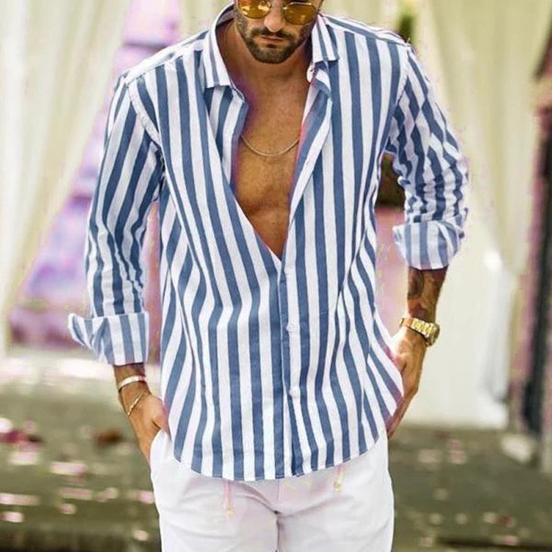 Camicia da uomo a maniche lunghe, ampia, elastica, casual, a righe, stampata, in lino, casual, da uomo_voghion.com