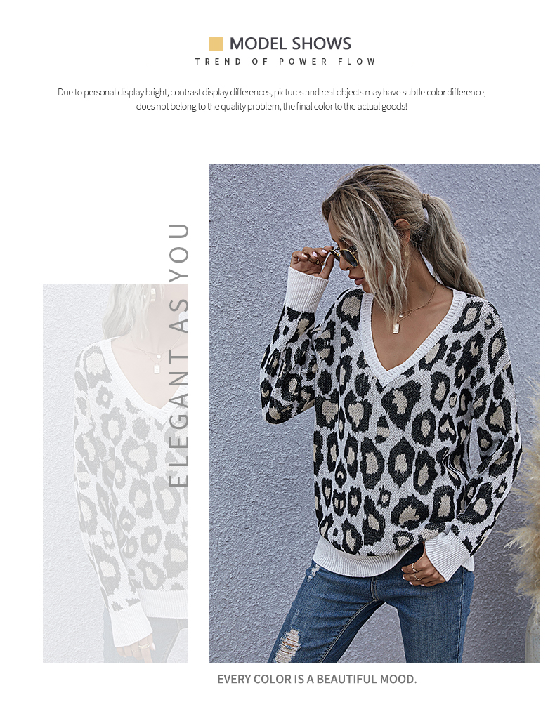 Gestrickter Pullover mit Leopardenmuster und V-Ausschnitt_voghion.com