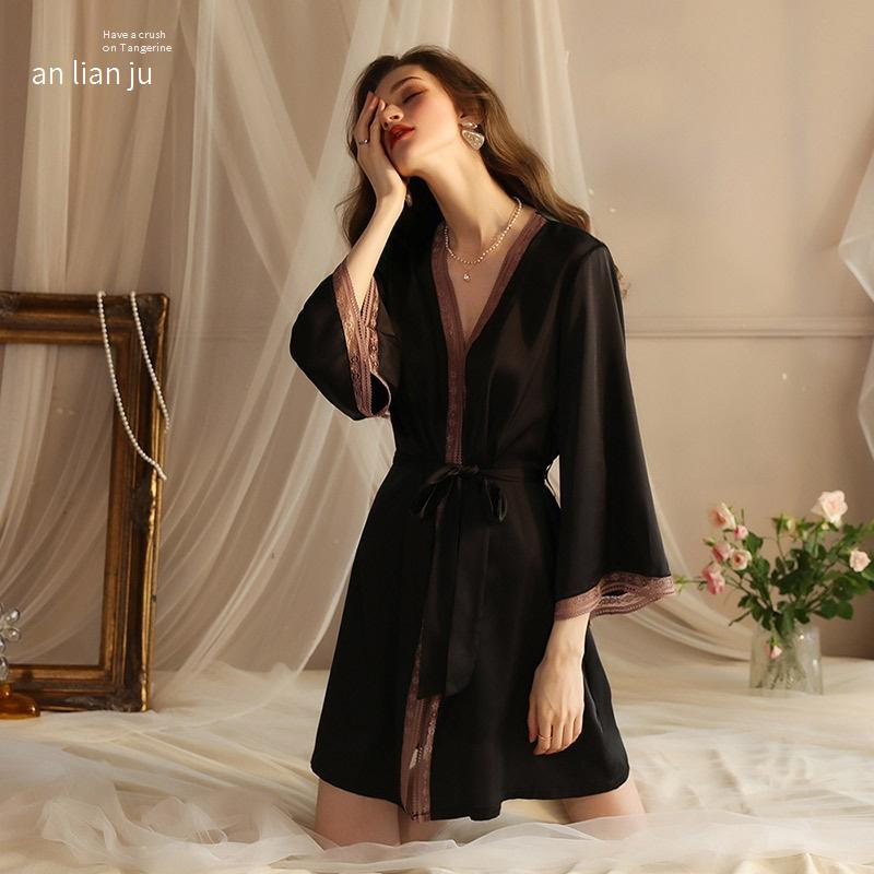 Pyjama en soie glacée pour femme, peignoir à manches longues, en dentelle de soie, vêtements de maison_voghion.com