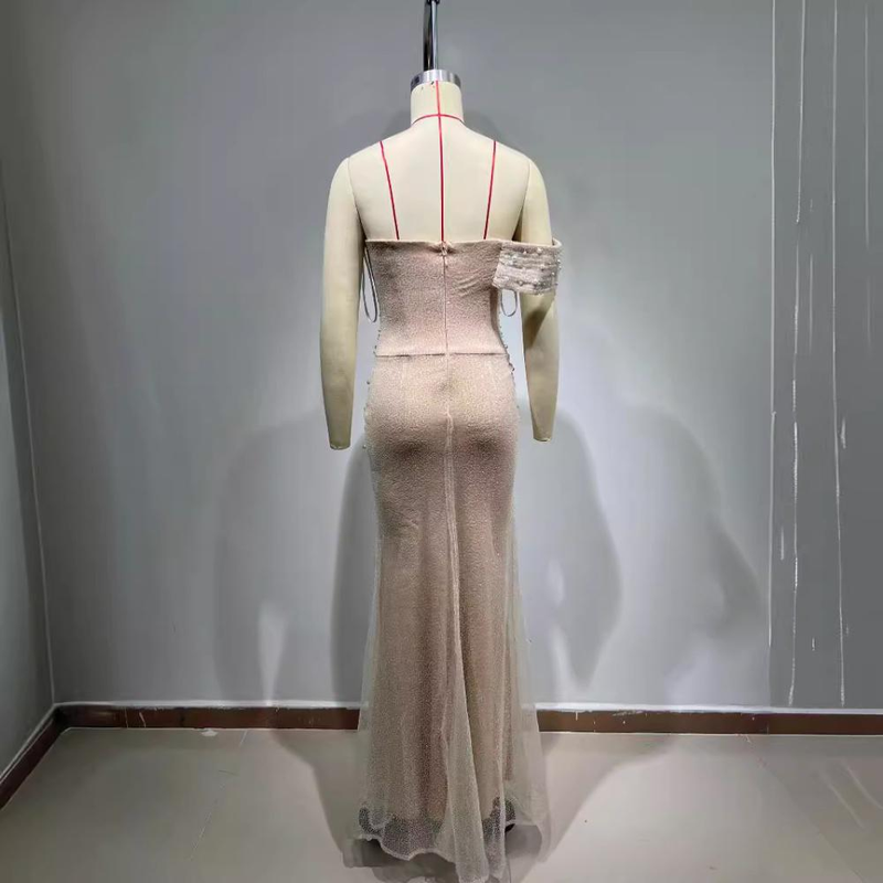 Elegant Beaded Off-Shoulder Party Dress With Glittering Sequins – High Waist Long Gown For Weddings & Evening Events_voghion.com