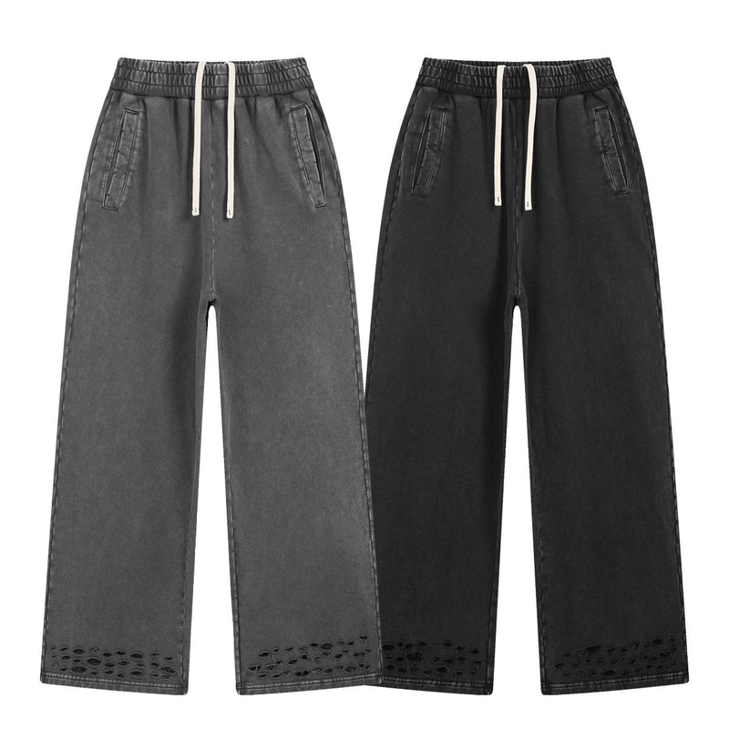 Men's Distressed Straight Leg Pants - High Street Fashion Vintage Washed Cotton Trousers With Ripped Details (S-XXL, Black/Gray)_voghion.com