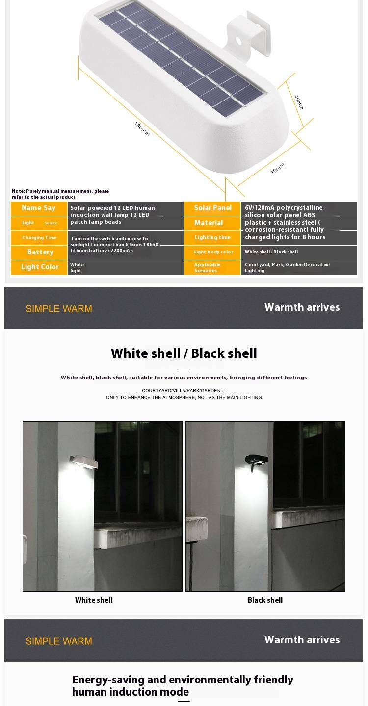 Luminária de parede com sensor de movimento solar de 12 LEDs, à prova d'água, para jardim externo com liga/desliga automático, luz branca para pátio, quintal, caminho, cerca_voghion.com