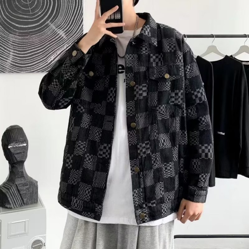 Men's Spring And Autumn Chessboard Pattern Rascal Handsome Street Explosion Casual Work Clothes Cowboy Jacket_voghion.com