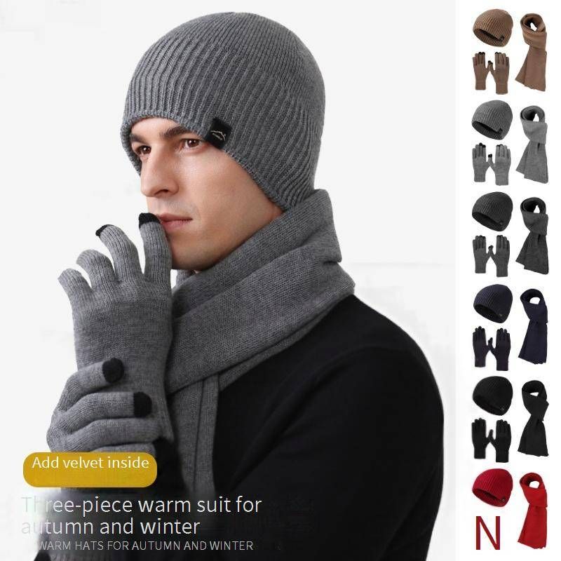 Cappelli da uomo in velluto, spesso, caldi e antivento, abito da tre pezzi con ampia circonferenza della testa, cappello lavorato a maglia, sciarpa lunga e guanti touch screen_voghion.com