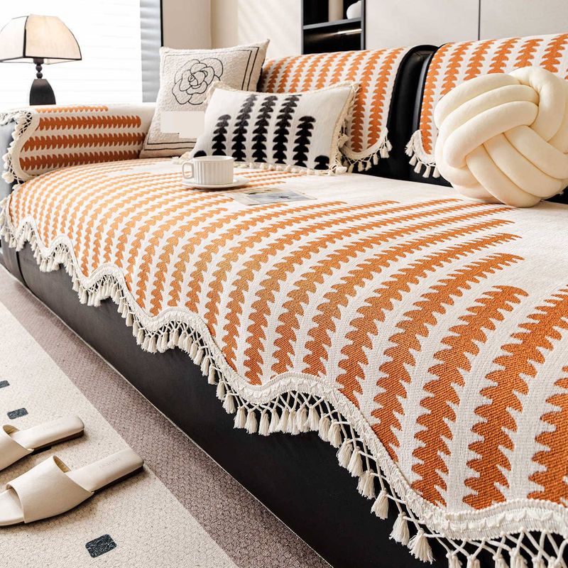 Chenille Sofa Cushion Cover With Tassels – Vintage Striped Design, Non-Slip & Custom Sizes (Bohemian Style, Universal Fit For Sectional Sofas)_voghion.com