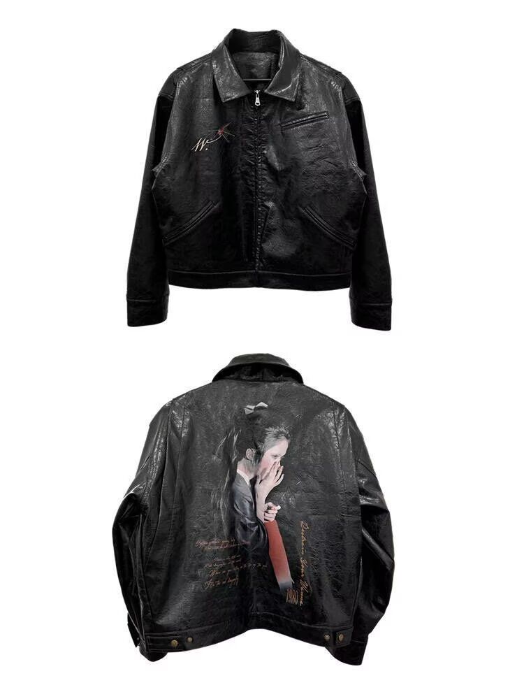 Men's Wrinkled Waxed Leather Jacket With Ink Print - Stylish Streetwear Biker Coat For Spring & Autumn_voghion.com