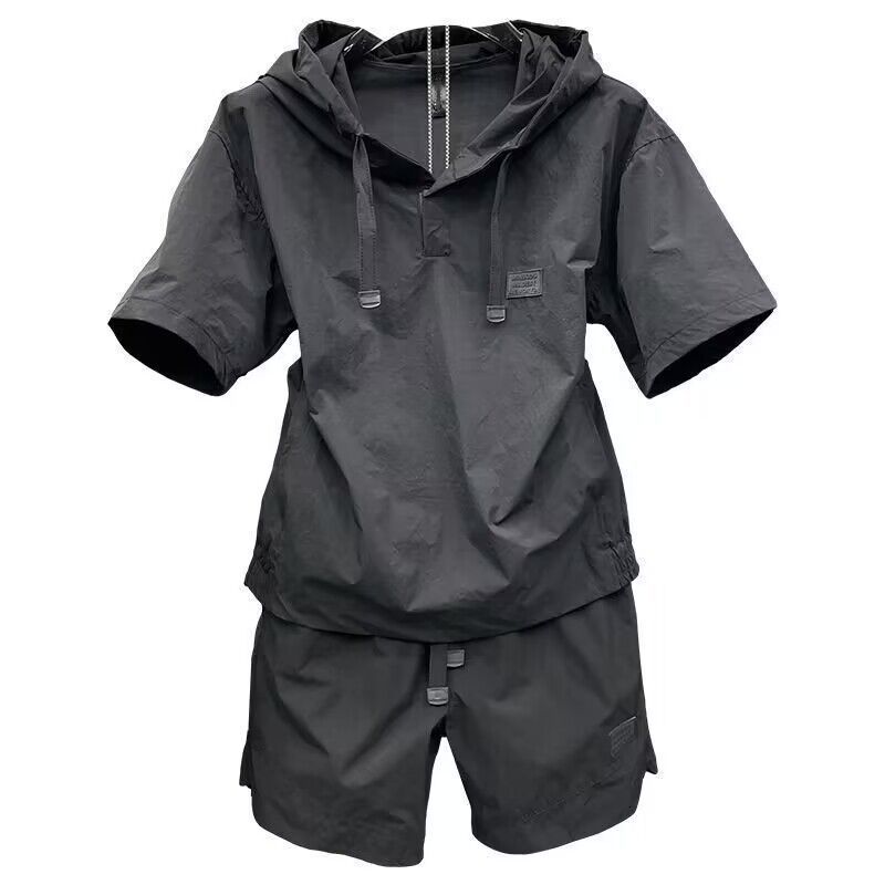 Unbeatable Quality Summer Lightweight Breathable Sun Protection Hooded Short Sleeved Shorts Two-piece Set For Men's Trendy Simple Solid_voghion.com