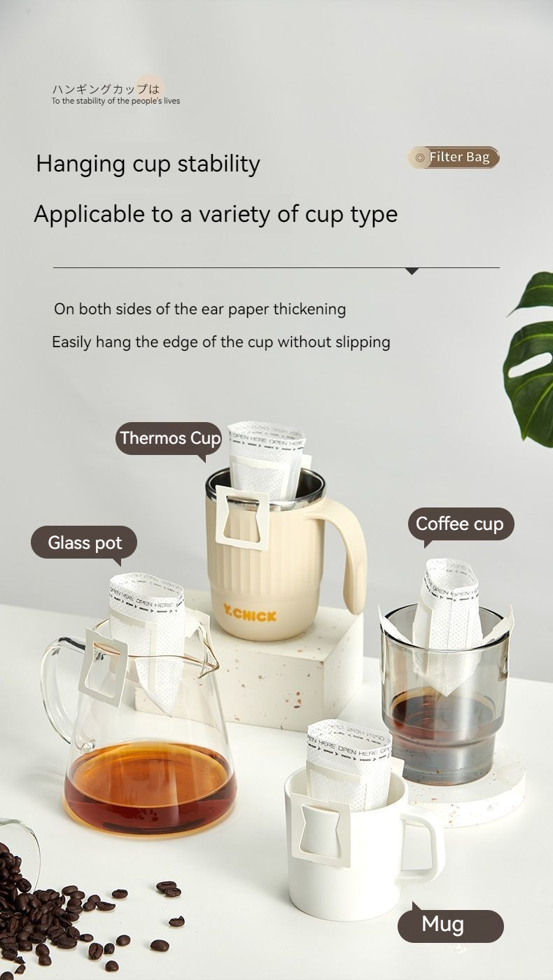 Sacchetto filtro per caffè usa e getta in carta in polvere prodotta a mano, appeso allo schermo dell'orecchio_voghion.com