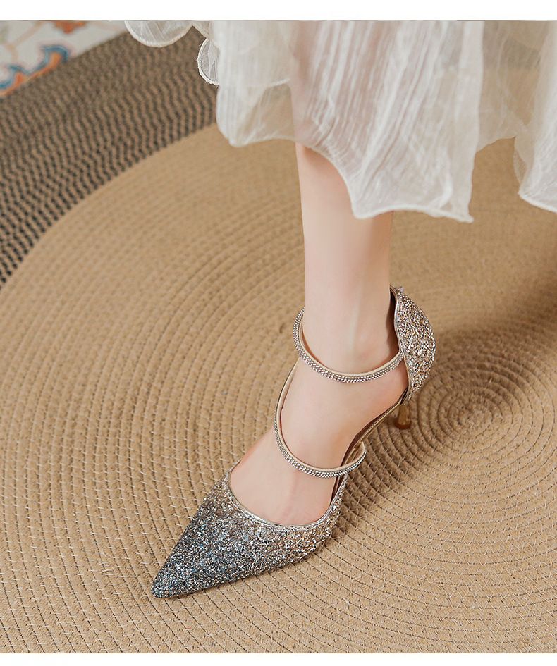 French Girl Gradient High Heels 2025 New Sequined Crystal Wedding Shoes, Internet Famous Slim Heel Pointed Versatile_voghion.com