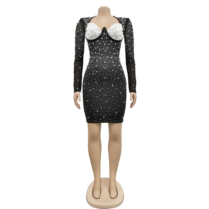 Abbigliamento donna moda abito gonna corta a maniche lunghe con strass in rete tinta unita da donna_voghion.com