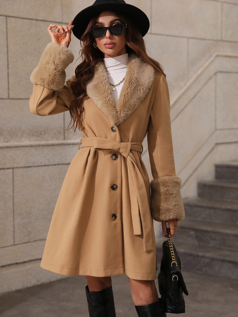 Women's long lapel cardigan single breasted lace-up trench coat_voghion.com