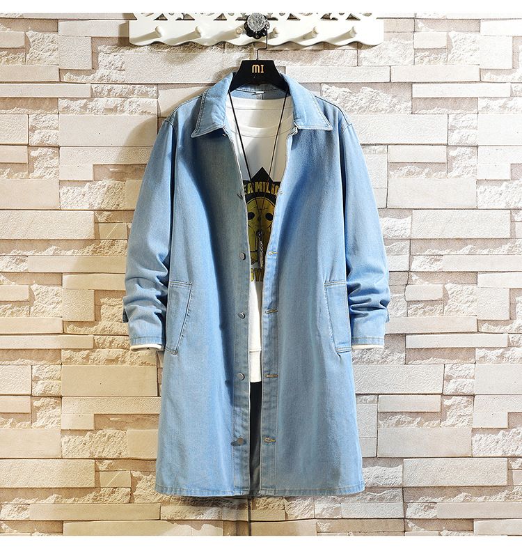 Langer, knielanger Denim-Trenchcoat für Herren, schmale Passform, Freizeitjacke für den Frühling (Schwarz/Blau) – M-5XL_voghion.com