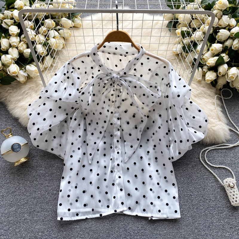 Women's puff sleeve tie bow polka dot shirt thin see-through loose slimming temperament chiffon shirt_voghion.com