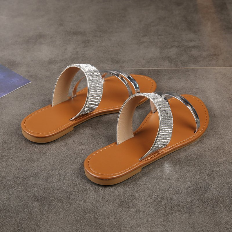 Pantofi de damă cu fund plat, sandale și papuci de plajă casual cu strasuri, pentru femei_voghion.com