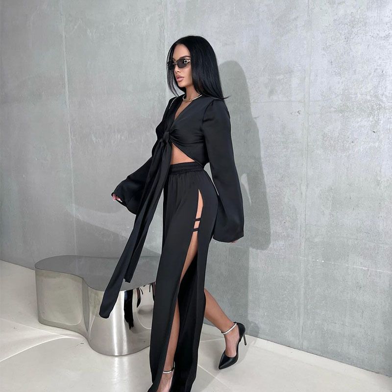 10756 Women's Fashion Sleeve Tie Short Top Hollow Out Split Long Pants Elegant Two-Piece Set_voghion.com