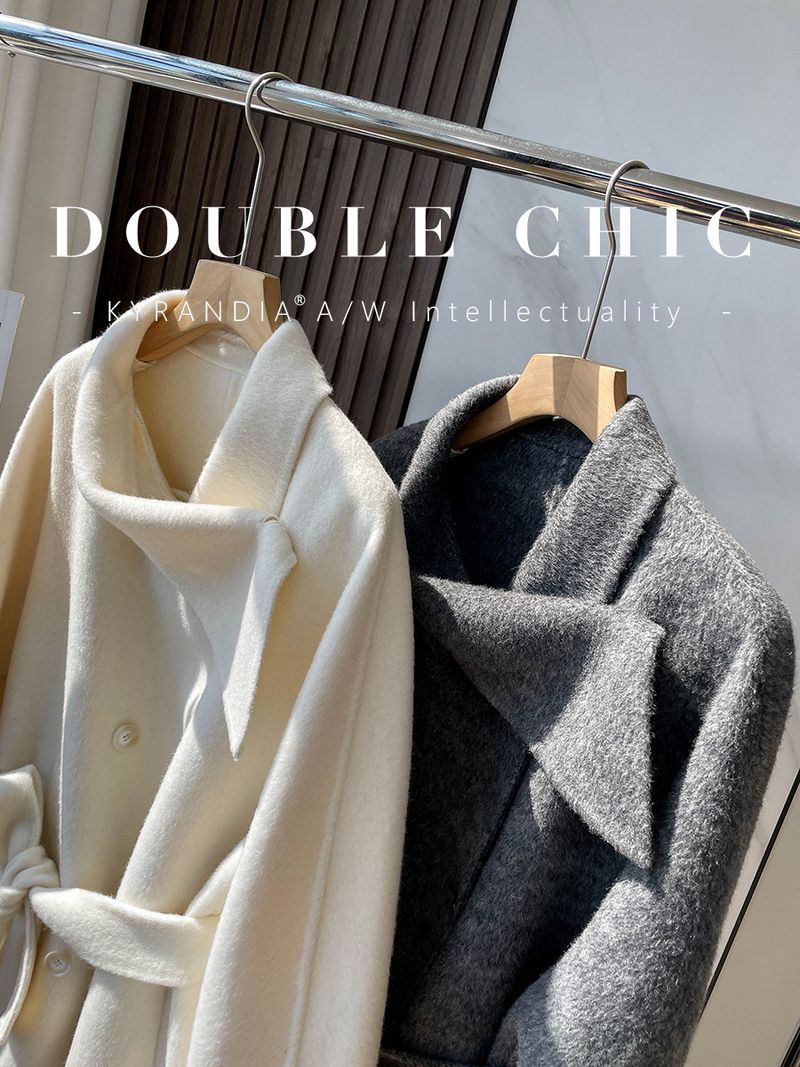 Luxury Double-Faced Wool Coat With Detachable Fox Fur Sleeves & Belt - Elegant Scarf Collar Long Coat For Women In Cream, Light Grey, Amber_voghion.com