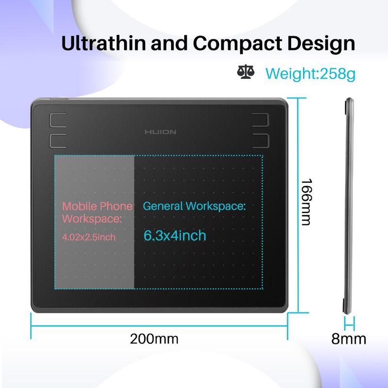 Huion HS64 6x4 Inch Graphics Ultrathin Drawing PW100 Battery-Free Pen Tablet Customized Press Keys Android Support_voghion.com