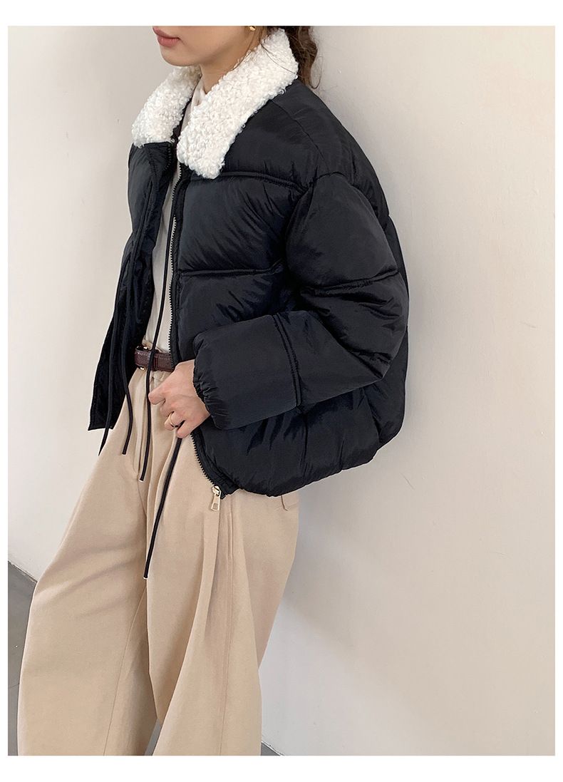 Cropped Sherpa-Lined Puffer Jacket – Korean Streetwear Belted Coat (4 Soft-Toned Colors, Lightweight Quilted Polyester)_voghion.com