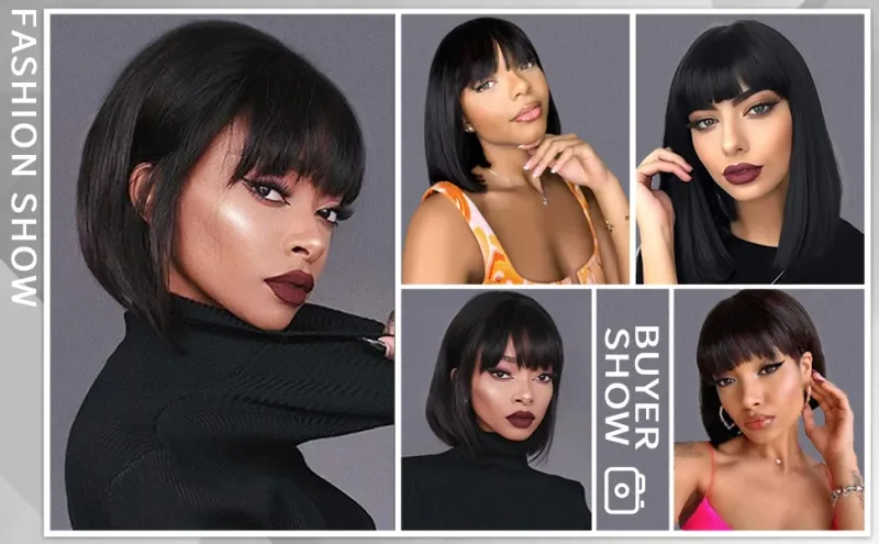 Brazilian Short Straight Hair Bob Wigs Human Hair Wig With Bangs Remy Full Machine Made Wig for Women Non Lace Glueless Bob Wig_voghion.com