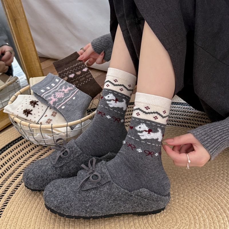 Lillian Herbst Winter New Fair Ile Dreidimensionaler Jacquard Koreanischer Stil Warm Mid-Calf Damen Retro Verdickt Weihnachten_voghion.com