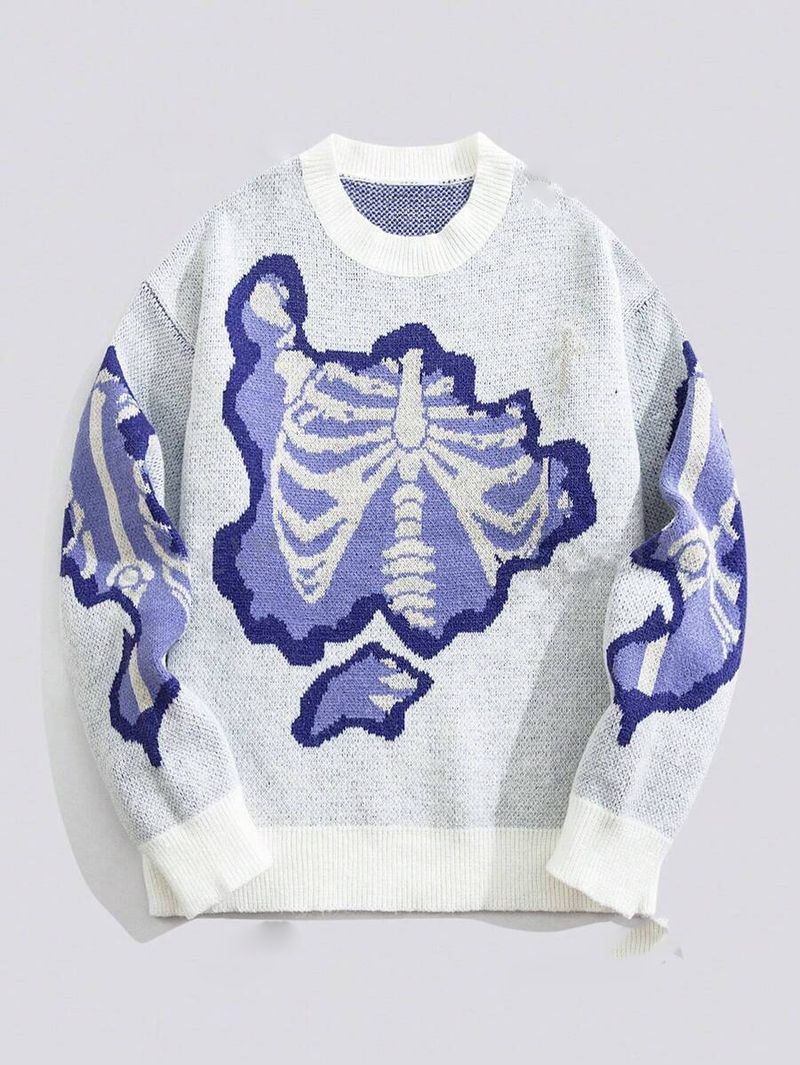 Herrenbekleidung Herbst- und Winter-Strickpullover Skelett-Jacquardpullover lockere Pullover Rundhalsoberteile_voghion.com
