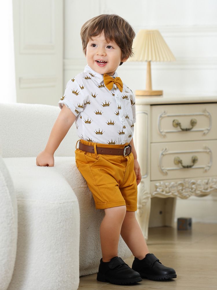 Vestido de caballero infantil, ropa de bebé niño y niño, conjunto de pantalón corto de manga corta con estampado de corona_voghion.com