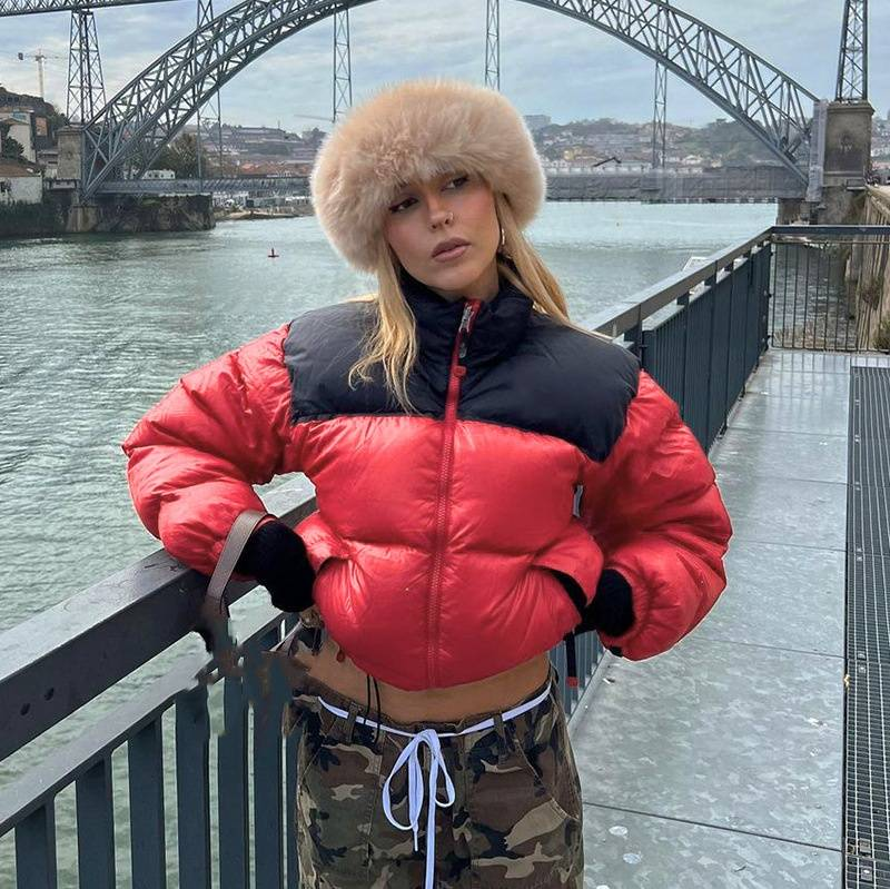 Damenbekleidung Jacke INS trendiger Kontrastfarben-Baumwollmantel kurze Damen-Fliegerjacke_voghion.com
