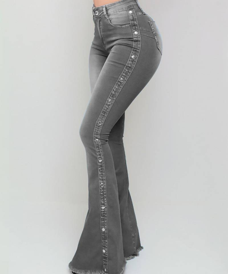Jeans svasati elasticizzati a vita media Pantaloni denim da donna Pantaloni larghi con tasca a campana stile coreano casual con risvolto a gamba larga_voghion.com
