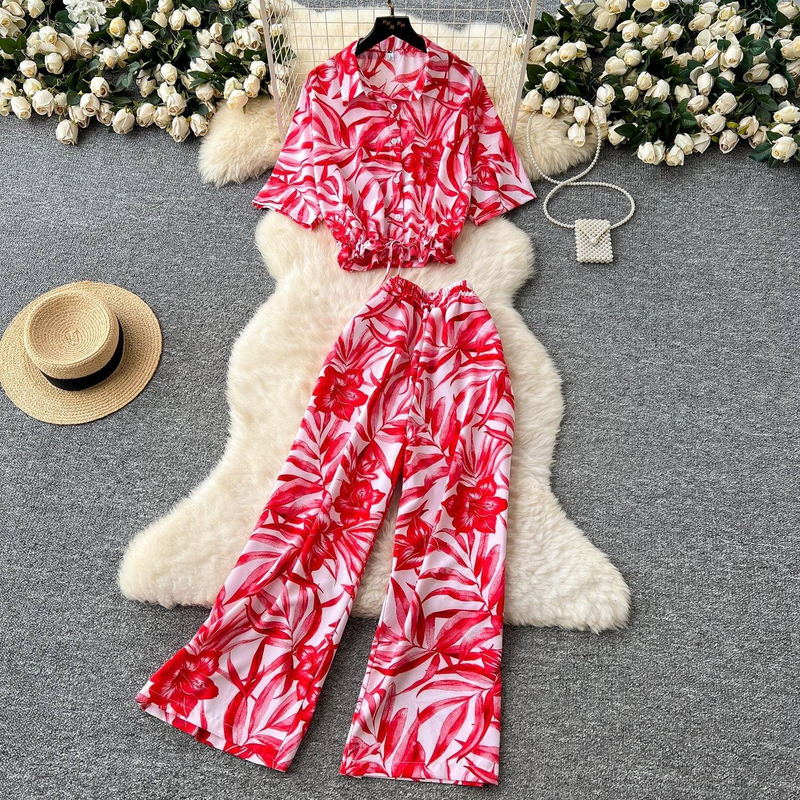 Vêtements pour femmes, nouveau style, haut imprimé à manches courtes, taille nouée, pantalon large taille haute_voghion.com