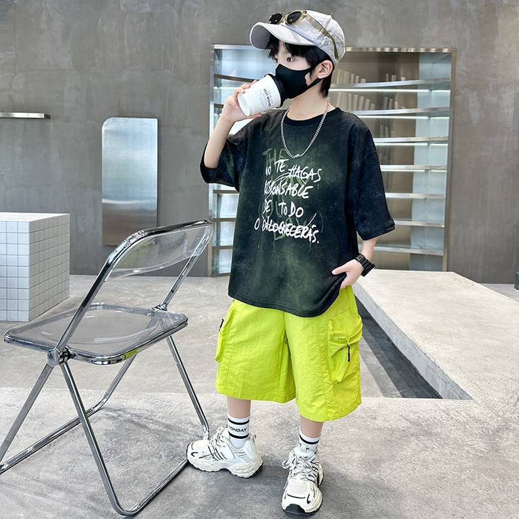 New Boys' Short Sleeve Letter Print Cotton Set - Summer 2-Piece Outfit With Graphic Tee & Mid-Length Shorts For Kids_voghion.com