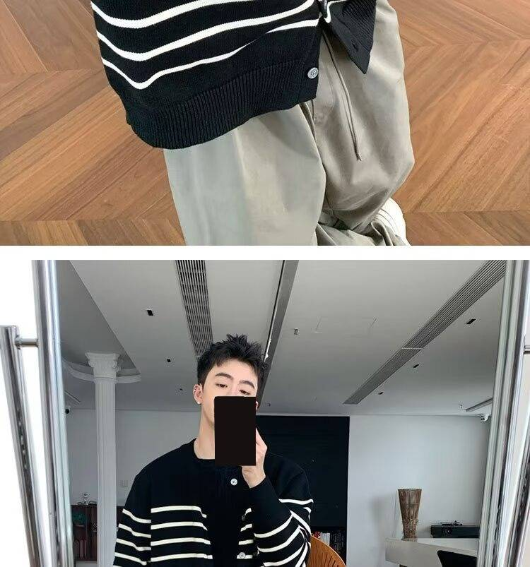 Gestreifte Unisex-Strickjacke mit Knopfleiste – Übergroßer, lässiger Pullover mit langen Ärmeln und offener Vorderseite für Männer und Frauen_voghion.com