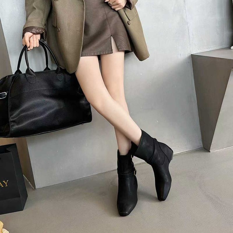 Cameido Women's Fashion Boots Short Ankle Knight Boots With Belt Buckle Flat Heel Hidden Lift Square Toe_voghion.com
