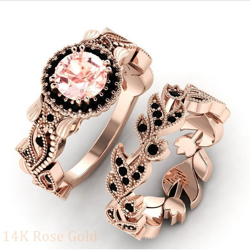 Mode 2 Teile/satz Exquisite Rose Gold Farbe Schwarz Zirkon Vintage wer Reben Intarsien mit Champagner Steine Hochzeit Ring Set_voghion.com