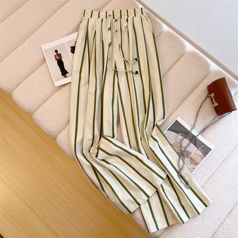 Heat Wave Beach Air Stripe Slimming Wide-Leg High Waist Summer Long Pants Commuting 2024 New Style_voghion.com