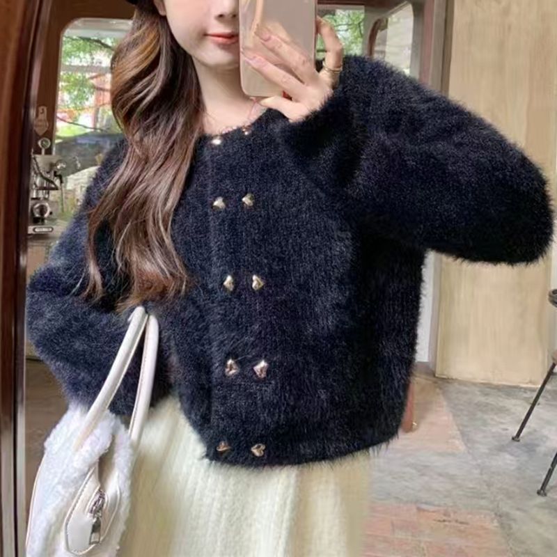 Französische Berühmtheit Kleine Duftende Nerz Strickjacke Damen Rundhalsausschnitt Einfarbig Zweireihiger Pullover Damen_voghion.com