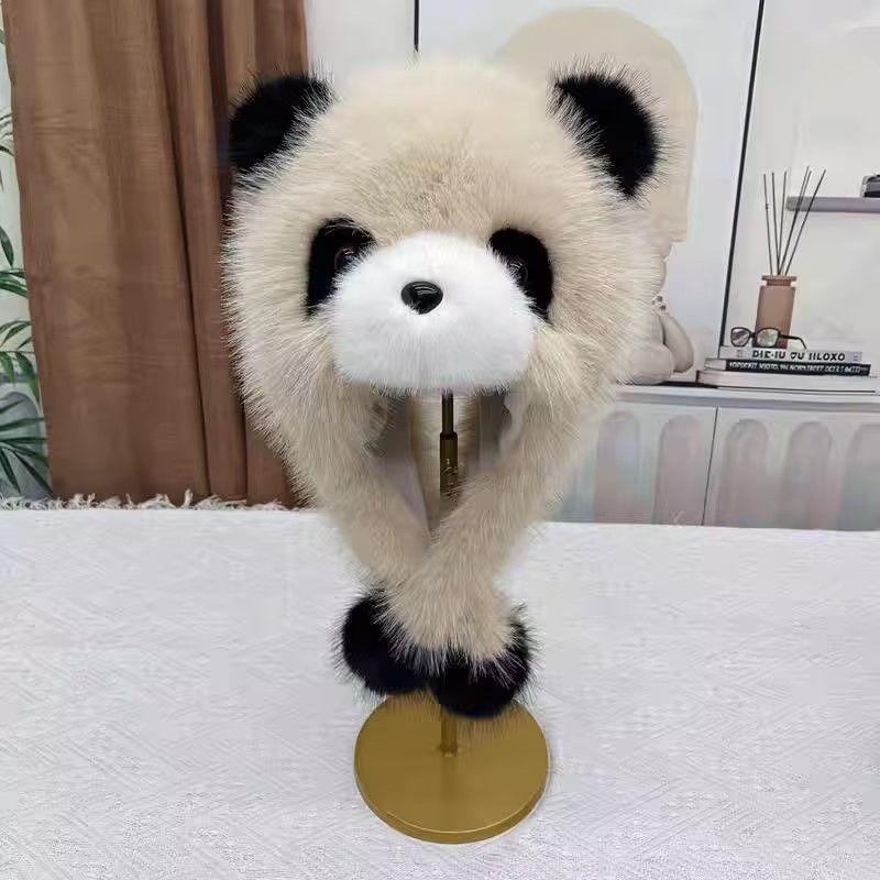 Cappello Lei Feng con protezione per le orecchie, due in uno, a forma di panda, per donne, per esterni, invernali, pelosi, con motivo a cartoni animati_voghion.com