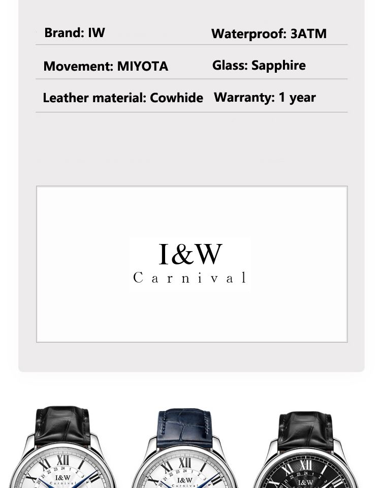 Carnival Brand IW High-End Series Luksusowy zegarek mechaniczny z szafirowym mechanizmem MIYOTA dla mężczyzn, moda, automatyczna data, zegarki męskie_voghion.com