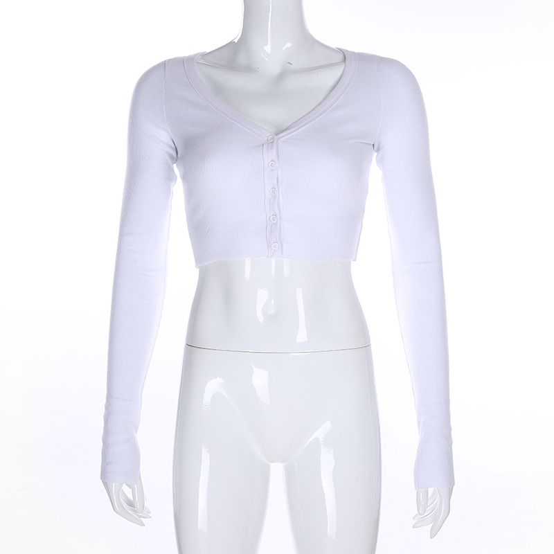 T-Shirt Sommer 2025 Damen Einfarbige V-Ausschnitt Enge Strickjacke Mit Freiliegendem Bauchnabel Kurze Jacke_voghion.com