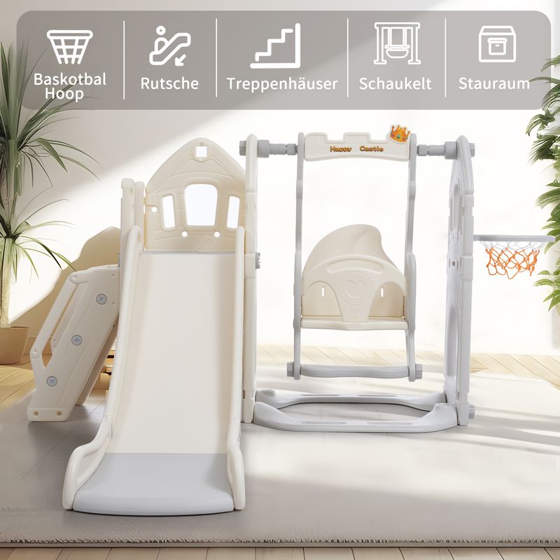 Ensemble de toboggan 5 en 1 pour enfants avec balançoire, escalade, rangement et cadre de basket-ball, toboggan intérieur et balançoire combinés pour enfants_voghion.com