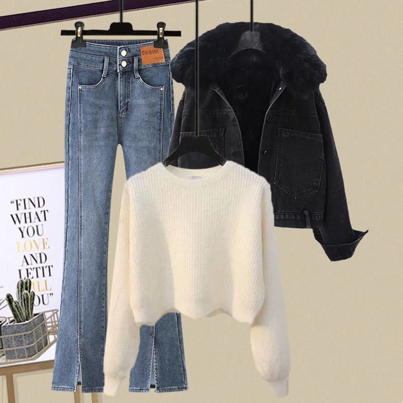 Damkläder Plus Size Dam höst- och vinterkostymer 2024 Nya förtjockade kappor Kvinnors mångsidiga stickade tröjor Jeans Tredelade kostymer_voghion.com