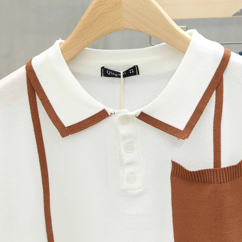 Pánské oblečení Lehké luxusní retro high-end barevně sladěné kapsy s krátkým rukávem Polo pánské letní tenké úzké klopové pruhované tričko s polovičním rukávem_voghion.com