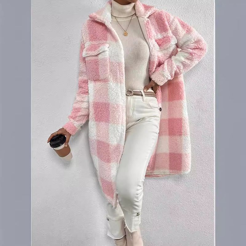 Herbst und Winter Offene Taste Revers Plüsch Plaid Lose Temperament Pendler Lange Mantel Frauen_voghion.com