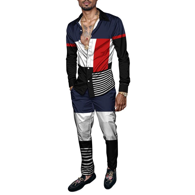 2025 Spring Summer Men Shirt Set Geometry Print Fashion Simple Two Piece Set Mens Gradient Lightweight Party Long Sleeves Suit_voghion.com