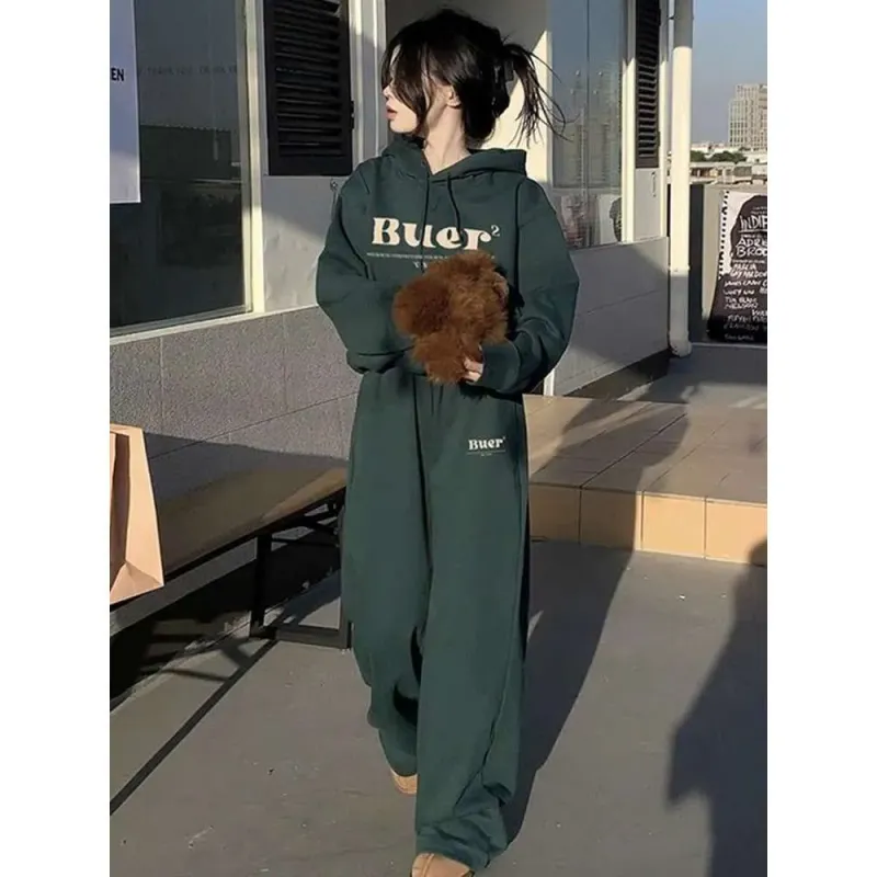 Ensemble deux pièces tendance pour femme : sweat à capuche à lettres style américain, pantalon large et ample, coupe décontractée._voghion.com