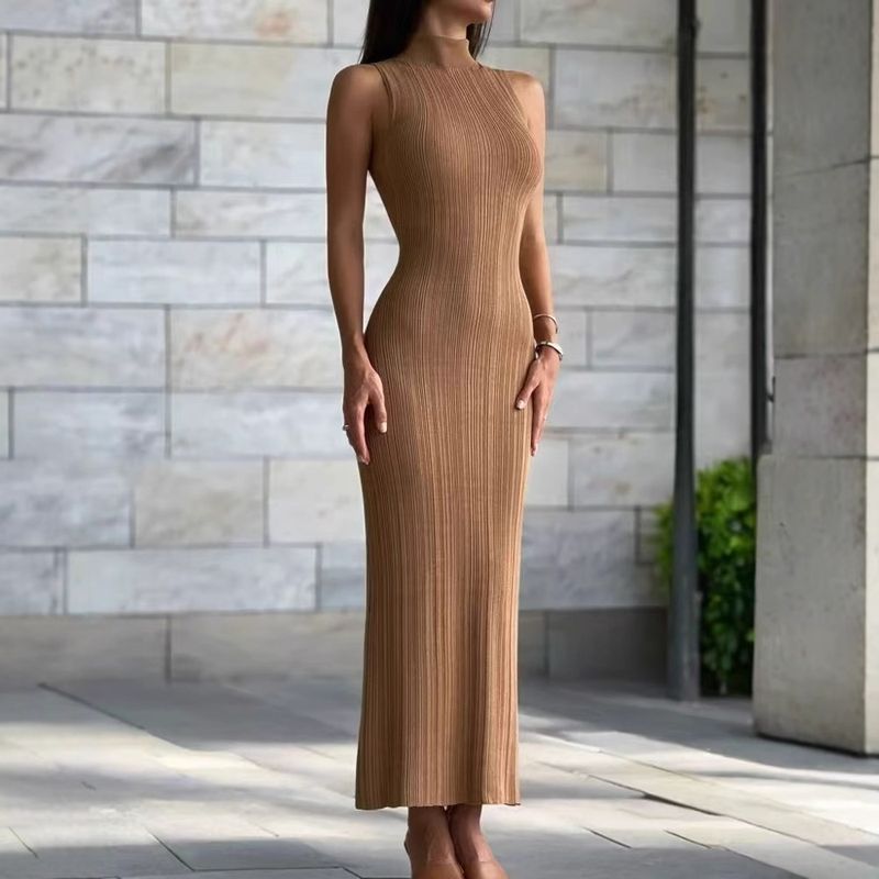 Abito elegante in stile francese, aderente, di media lunghezza, in maglia, con collo alto, senza maniche, per primavera estate, per donna_voghion.com