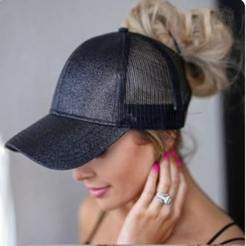 Ponytail Baseball for Women Shiny Glitter Sequins Woman Summer Cap Mesh Sunhat Pure Color High Messy Bun Hat_voghion.com