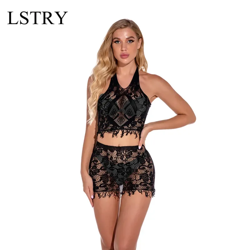 Set di lingerie trasparente da donna TD composto da 2 articoli, top a pisello tinta unita, mutandine, pigiama sexy, lingerie con laccetto al collo, Aperture_voghion.com