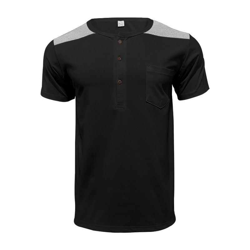 2025 Summer Short Sleeved Men's T-Shirt Trendy Big Collar Color Blocked Thin Henley Top For Men_voghion.com